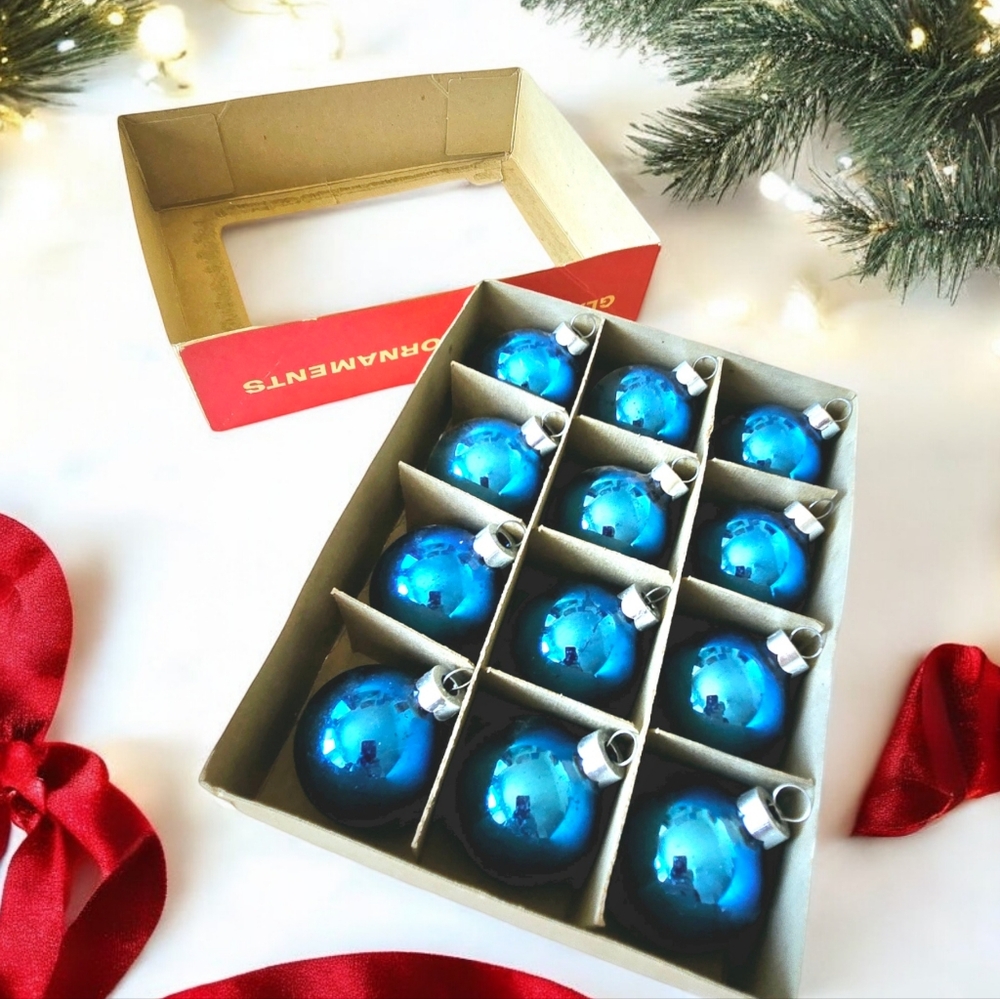 Retro Glass Ball Christmas Ornaments, Box of 12, 1 3/4 inches, Shiny Blue